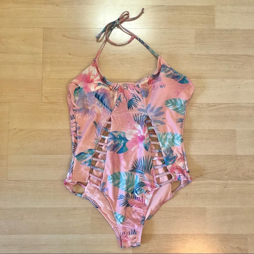 Pink Tropical Cut Out One Piece Swim Suit
